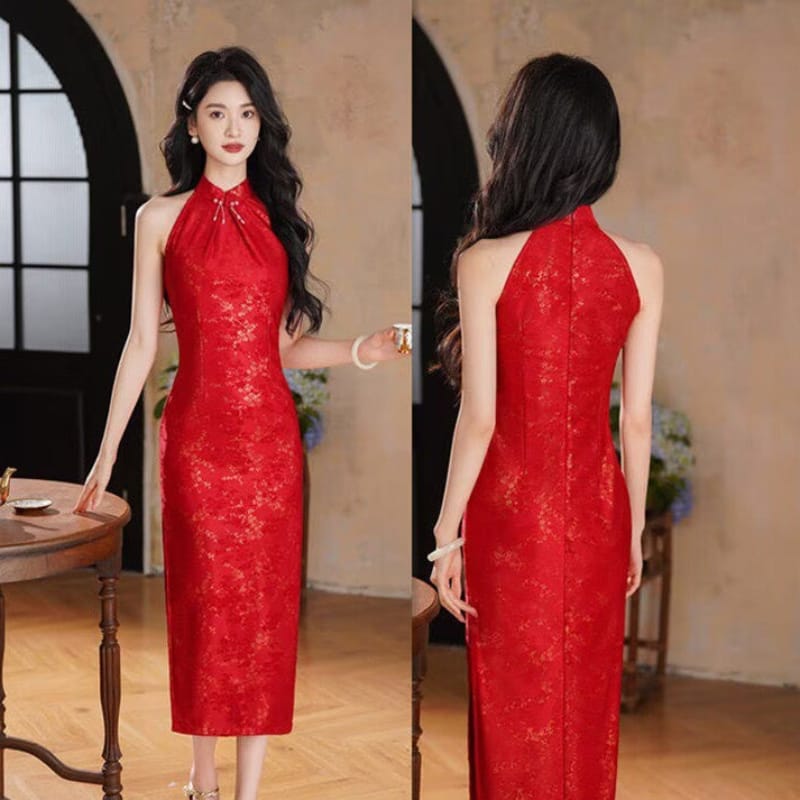 Beth and Brian qipao-XQ Mia's Halter Red Midi Cheongsam Dress
