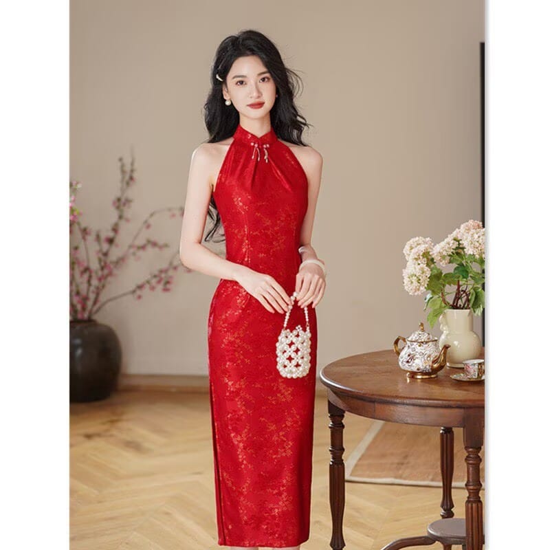 Beth and Brian qipao-XQ Mia's Halter Red Midi Cheongsam Dress