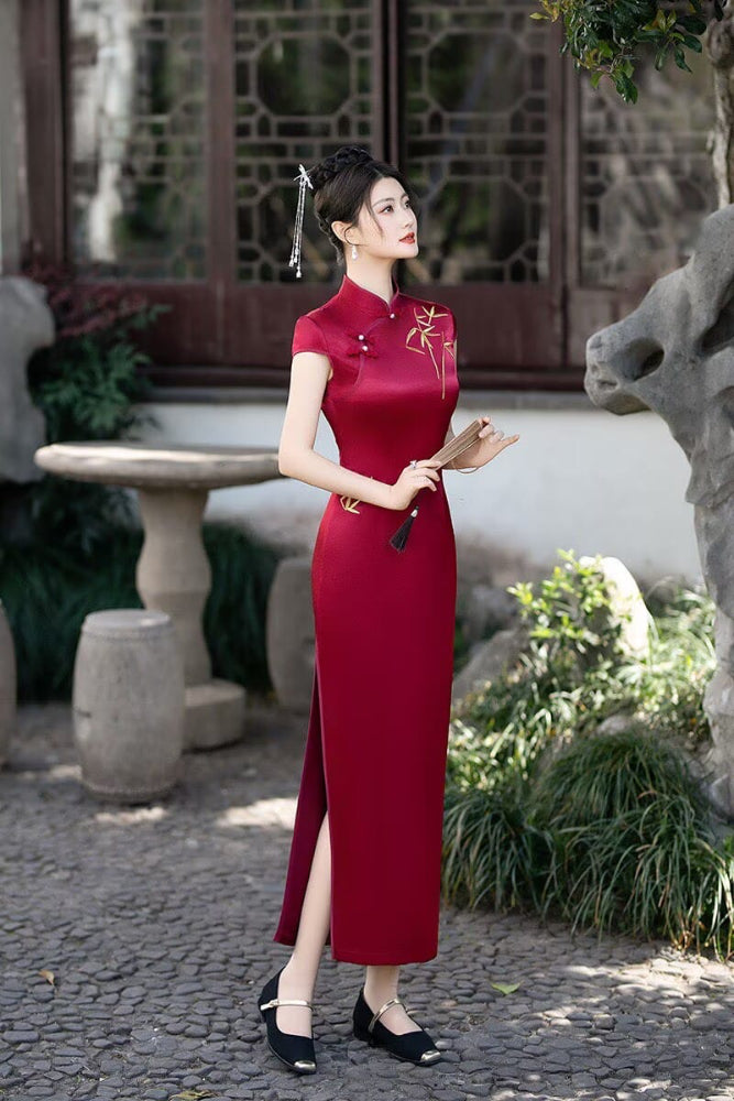 Beth and Brian Qipao-FS Iris's Long Plus Size Cheongsam with Golden Bamboo Embroidery