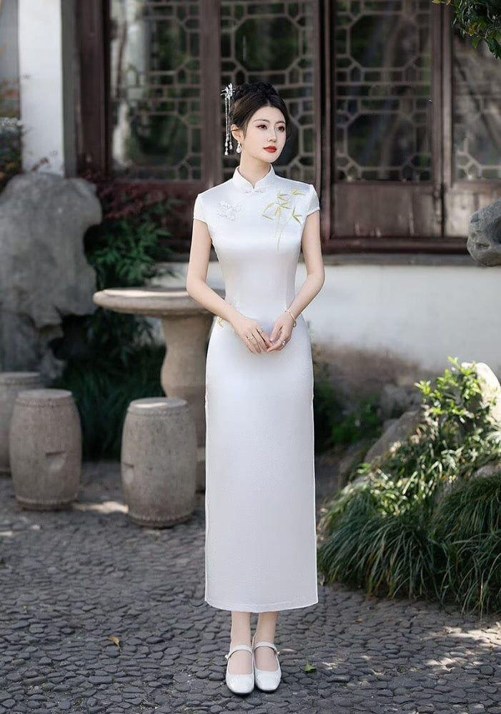 Beth and Brian Qipao-FS Iris's Long Plus Size Cheongsam with Golden Bamboo Embroidery