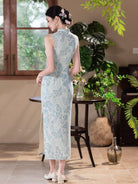 Beth and Brian Qipao-YG Chloe Cotton Linen Fabric Long Sleeveless Cheongsam with Blue Butterfly Print