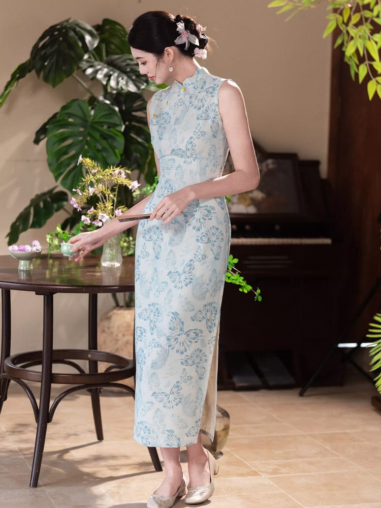 Beth and Brian Qipao-YG Chloe Cotton Linen Fabric Long Sleeveless Cheongsam with Blue Butterfly Print
