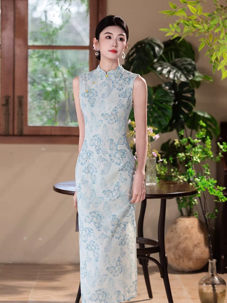 Beth and Brian Qipao-YG Chloe Cotton Linen Fabric Long Sleeveless Cheongsam with Blue Butterfly Print