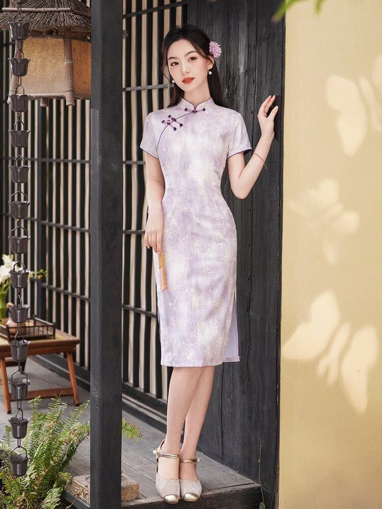 Beth and Brian Qipao-YG Mia Cotton Linen Fabric Floral Mid-Length Cheongsam