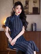Beth and Brian Qipao-YG Chinese retro style, striped navy midi Cheongsam