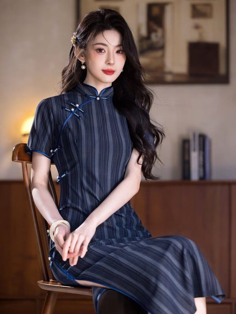 Beth and Brian Qipao-YG Chinese retro style, striped navy midi Cheongsam