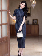 Beth and Brian Qipao-YG Chinese retro style, striped navy midi Cheongsam