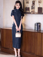 Beth and Brian Qipao-YG Chinese retro style, striped navy midi Cheongsam