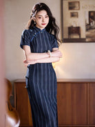 Beth and Brian Qipao-YG Chinese retro style, striped navy midi Cheongsam