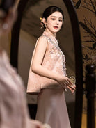 Beth and Brian Qipao-MY Anna Floral Embroidery Satin Cheongsam Vest & Slip Dress Two-Piece Set