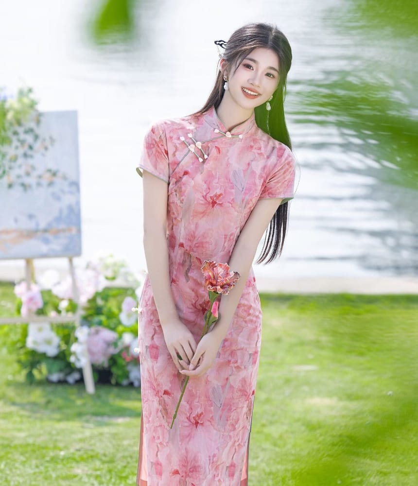 Beth and Brian Qipao-LSB Lily's Pink Floral Print Mid-Length Cheongsam