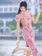 Beth and Brian Qipao-LSB Lily's Pink Floral Print Mid-Length Cheongsam