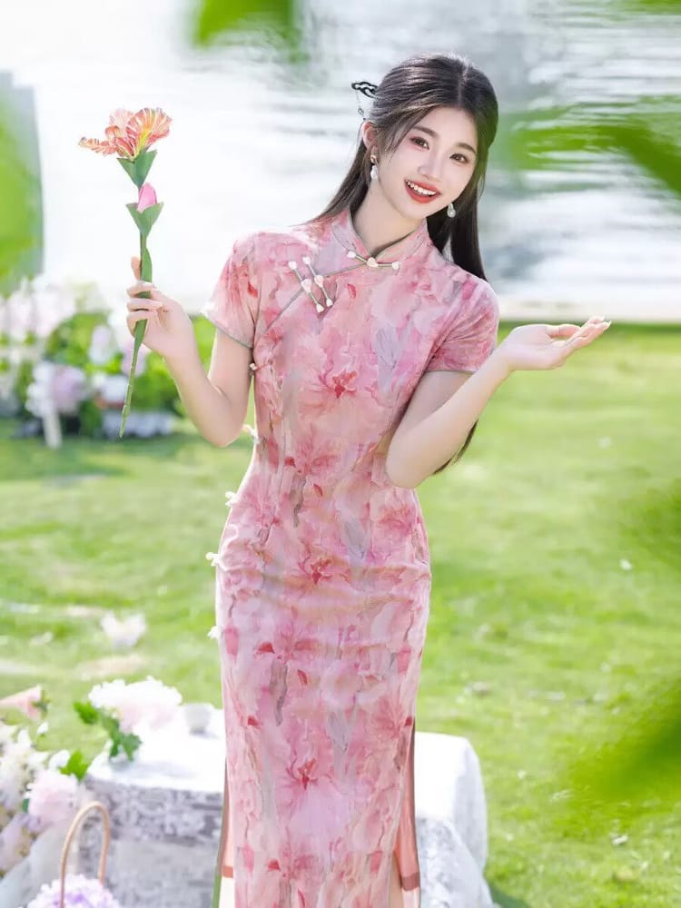 Beth and Brian Qipao-LSB Lily's Pink Floral Print Mid-Length Cheongsam