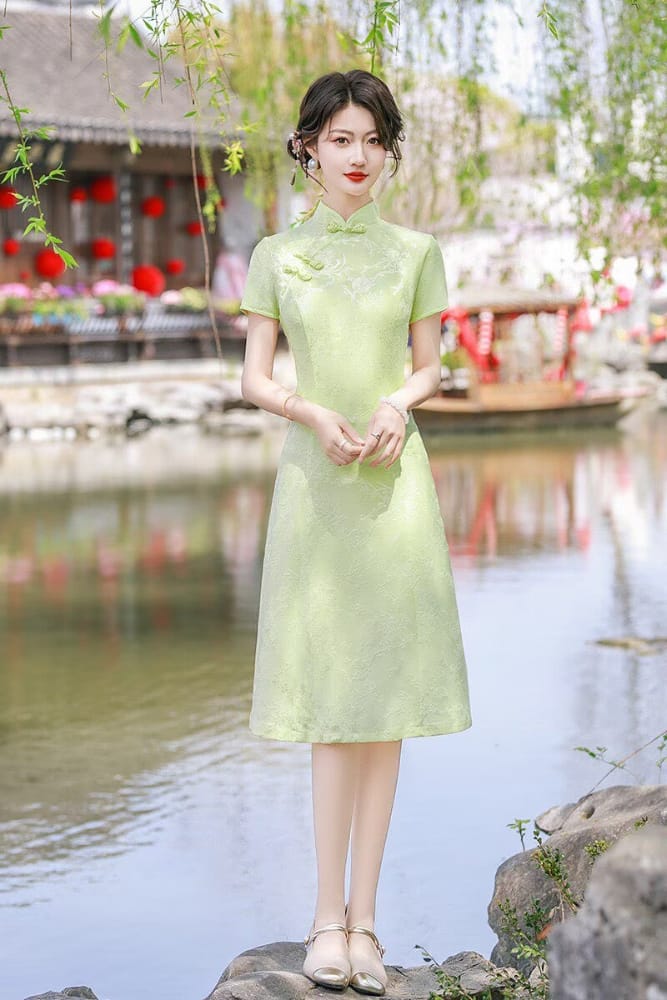 Beth and Brian Qipao-FS Plus Size Jacquard Midi A-line Cheongsam Dress