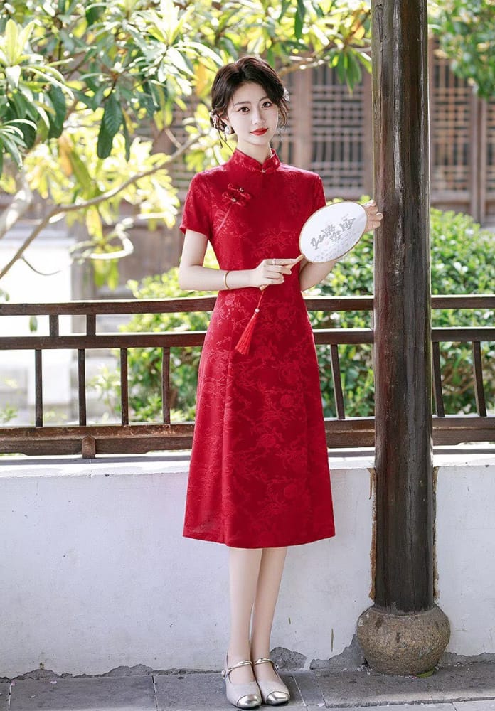 Beth and Brian Qipao-FS Plus Size Jacquard Midi A-line Cheongsam Dress