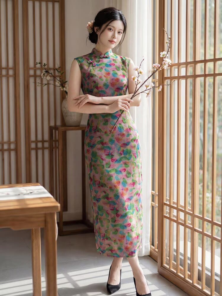Beth and Brian Qipao-YG Sophia's Sleeveless Colorful Abstract Print Cheongsam
