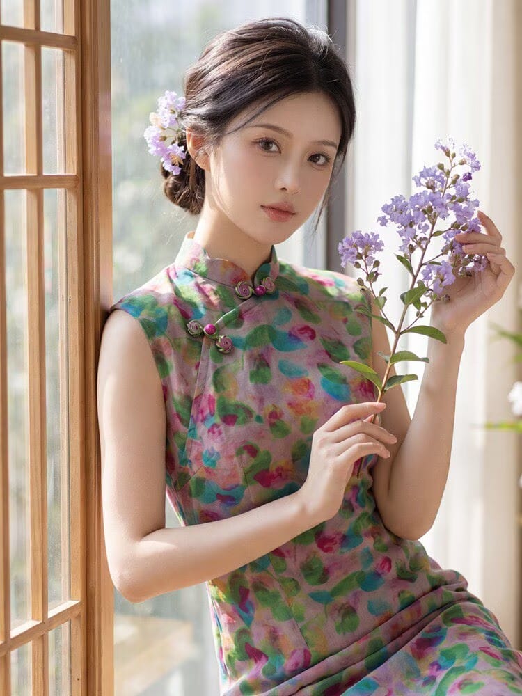Beth and Brian Qipao-YG Sophia's Sleeveless Colorful Abstract Print Cheongsam