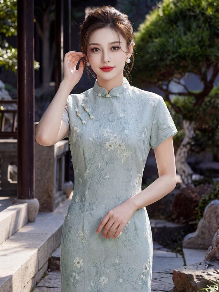 Beth and Brian Qipao-YG Chloe's Floral Ramie Fabric Mid-Length Cheongsam