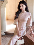 Beth and Brian Qipao-YG Zoe's Velvet Fabric Mid-Length Cheongsam with Flared Sleeves