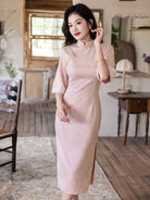 Beth and Brian Qipao-YG Zoe's Velvet Fabric Mid-Length Cheongsam with Flared Sleeves