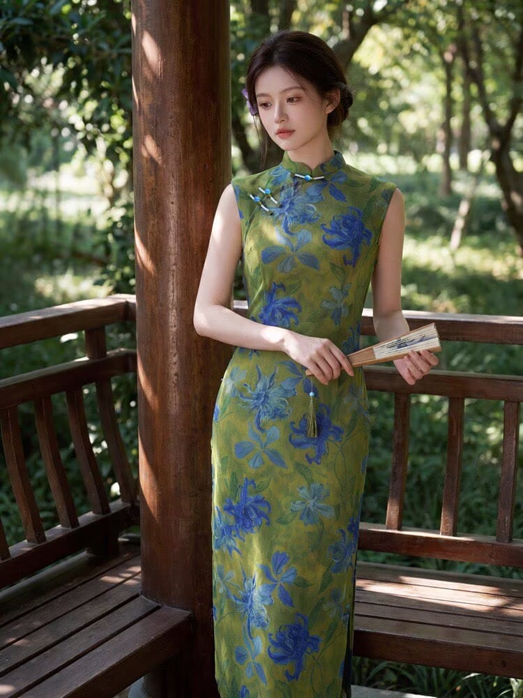 Beth and Brian Qipao-YG Sleeveless, mesh fabric, green midi Cheongsam