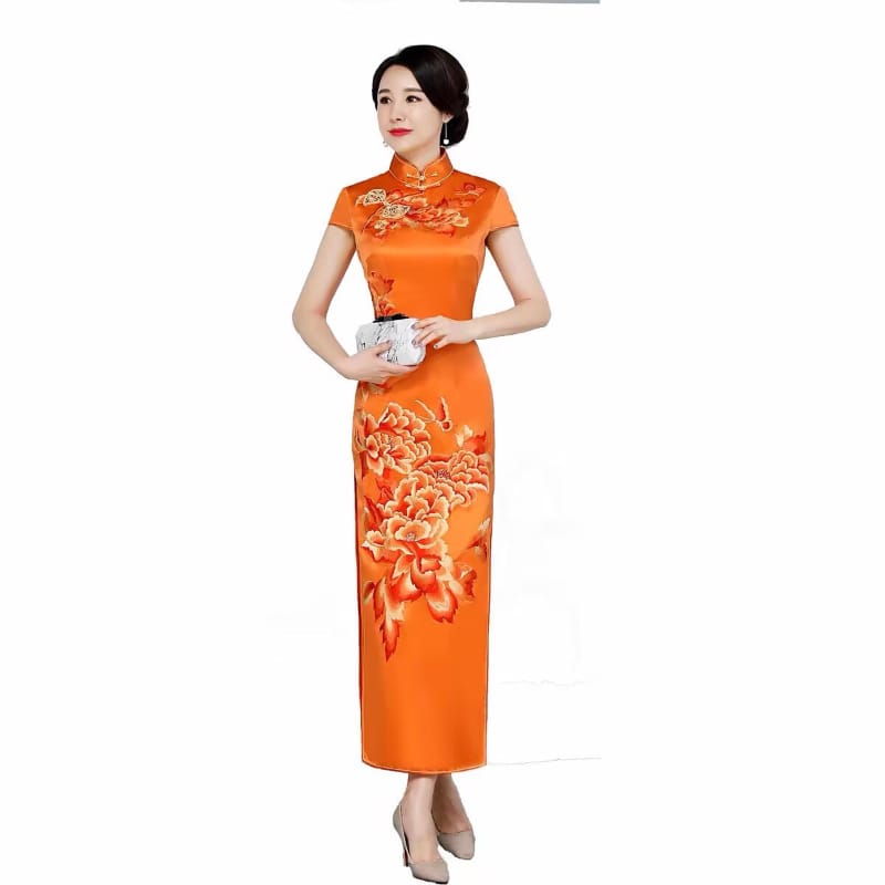 Beth and Brian Qipao-JSHY Luxury 30 Momme Natural Orange Peony Embroidery Silk Cheongsam