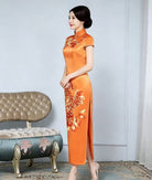 Beth and Brian Qipao-JSHY Luxury 30 Momme Natural Orange Peony Embroidery Silk Cheongsam