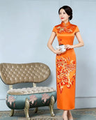 Beth and Brian Qipao-JSHY Luxury 30 Momme Natural Orange Peony Embroidery Silk Cheongsam