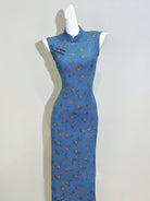 Beth and Brian Qipao-LSB Luna Cherry Print Sleeveless Blue Midi Cheongsam