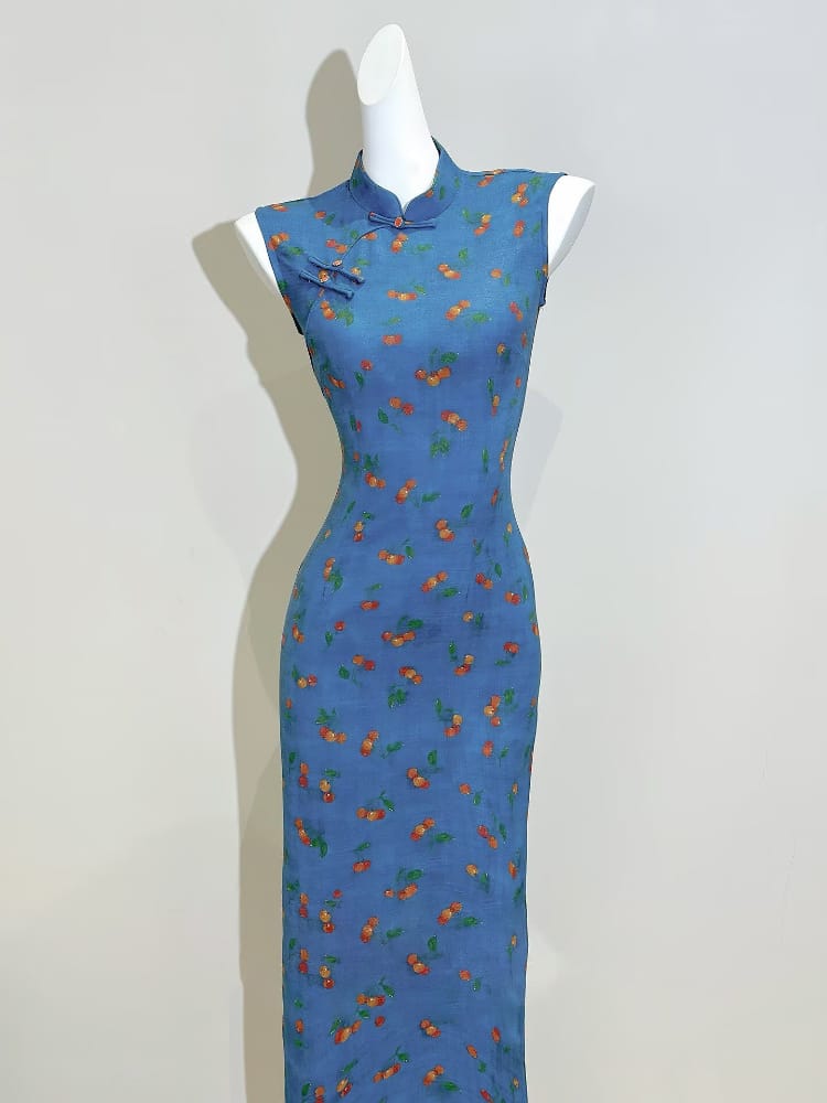 Beth and Brian Qipao-LSB Luna Cherry Print Sleeveless Blue Midi Cheongsam