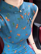 Beth and Brian Qipao-LSB Luna Cherry Print Sleeveless Blue Midi Cheongsam