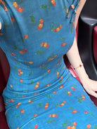 Beth and Brian Qipao-LSB Luna Cherry Print Sleeveless Blue Midi Cheongsam