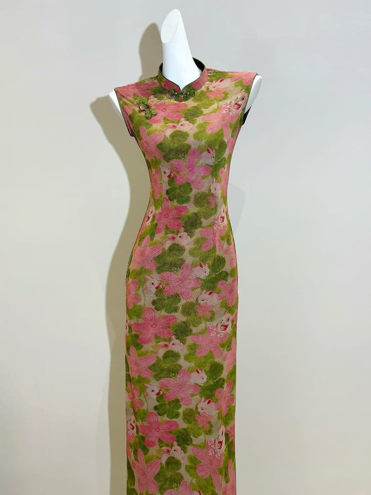 Beth and Brian Qipao-LSB Ivy Rabbit & Pink Floral Sleeveless Cheongsam