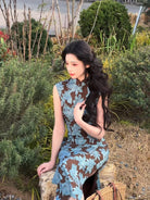Beth and Brian Qipao-LSB Zoe Blue Leaf Floral Print Sleeveless Long Cheongsam