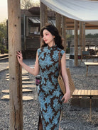 Beth and Brian Qipao-LSB Zoe Blue Leaf Floral Print Sleeveless Long Cheongsam