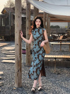 Beth and Brian Qipao-LSB Zoe Blue Leaf Floral Print Sleeveless Long Cheongsam