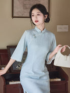 Beth and Brian Qipao-LSB Sophia Subtle Leaf Jacquard Midi Cheongsam With Three-Quarter Sleeves