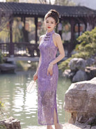 Beth and Brian Qipao-WS Iris Purple Floral Jacquard Cotton Halter Cheongsam