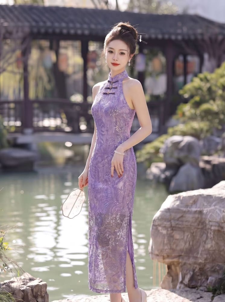 Beth and Brian Qipao-WS Iris Purple Floral Jacquard Cotton Halter Cheongsam