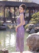 Beth and Brian Qipao-WS Iris Purple Floral Jacquard Cotton Halter Cheongsam