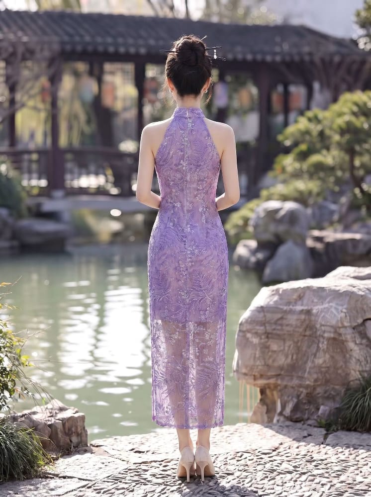 Beth and Brian Qipao-WS Iris Purple Floral Jacquard Cotton Halter Cheongsam