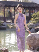 Beth and Brian Qipao-WS Iris Purple Floral Jacquard Cotton Halter Cheongsam