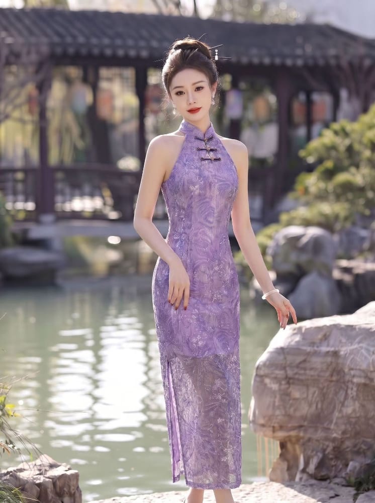 Beth and Brian Qipao-WS Iris Purple Floral Jacquard Cotton Halter Cheongsam