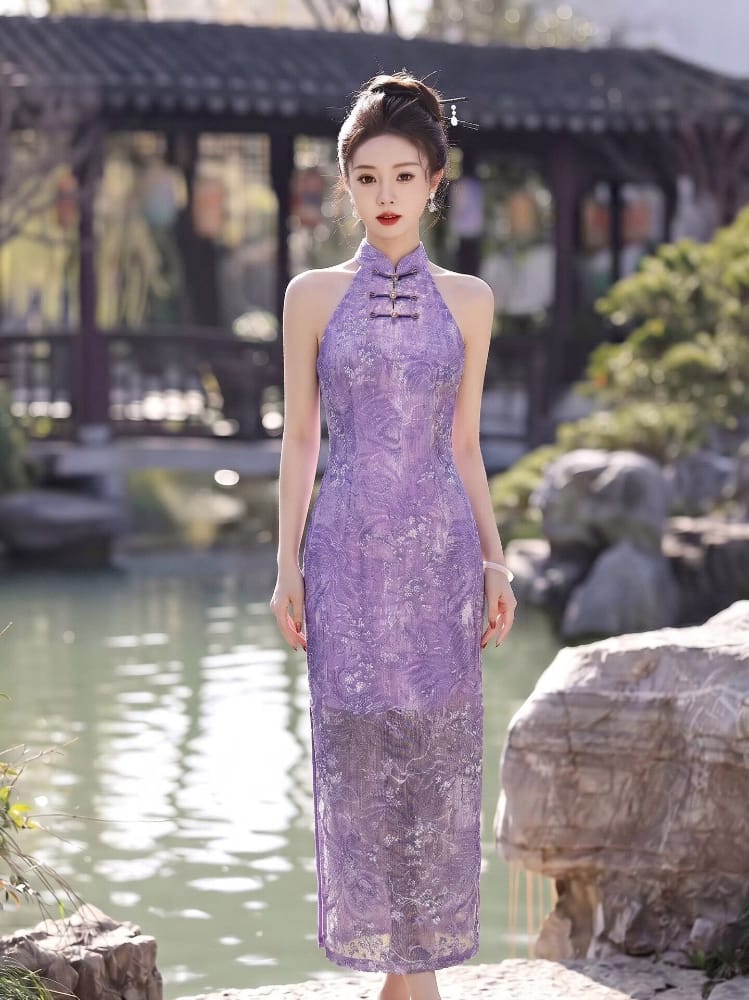 Beth and Brian Qipao-WS Iris Purple Floral Jacquard Cotton Halter Cheongsam