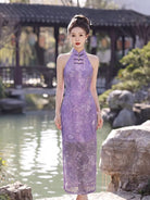 Beth and Brian Qipao-WS Iris Purple Floral Jacquard Cotton Halter Cheongsam
