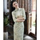 Beth and Brian Qipao-WS Luna Watercolor Floral Jacquard Satin Midi Cheongsam With Three-Quarter Sleeves