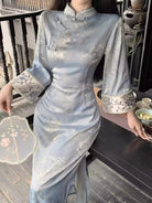Beth and Brian qipao-DAF Lydia Bamboo Print Light blue Long Cheongsam