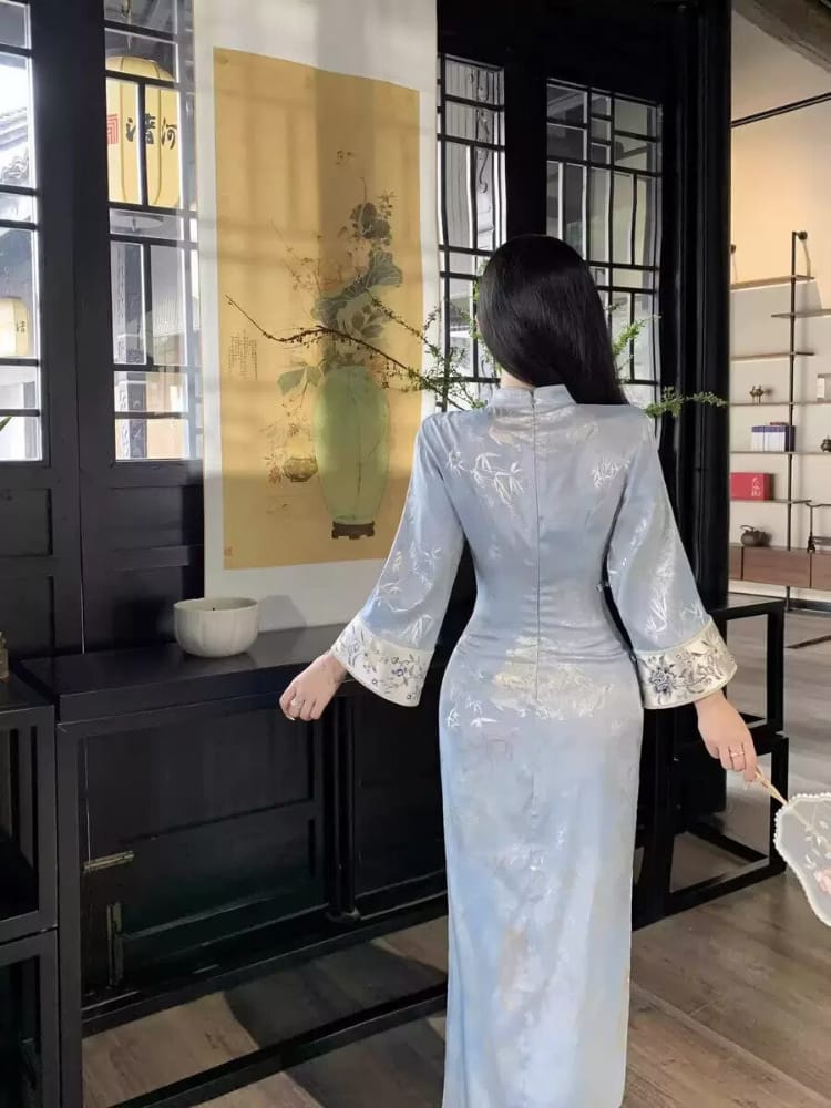 Beth and Brian qipao-DAF Lydia Bamboo Print Light blue Long Cheongsam