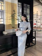 Beth and Brian qipao-DAF Lydia Bamboo Print Light blue Long Cheongsam