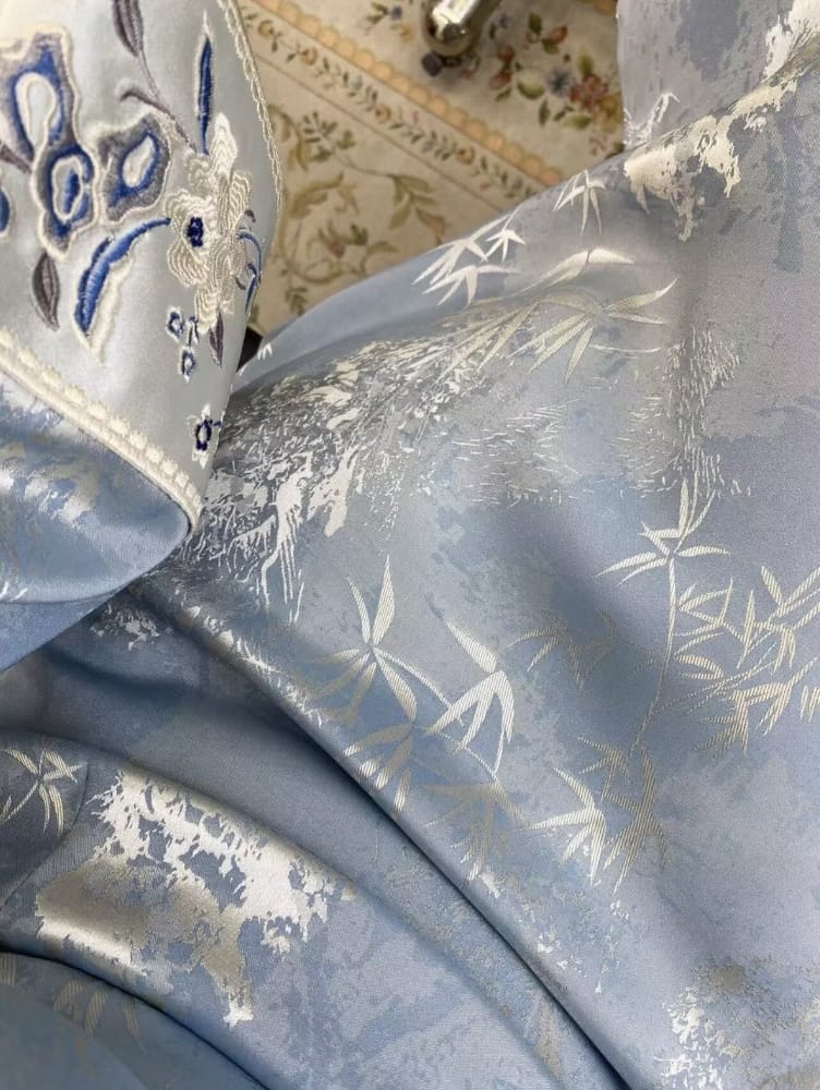 Beth and Brian qipao-DAF Lydia Bamboo Print Light blue Long Cheongsam